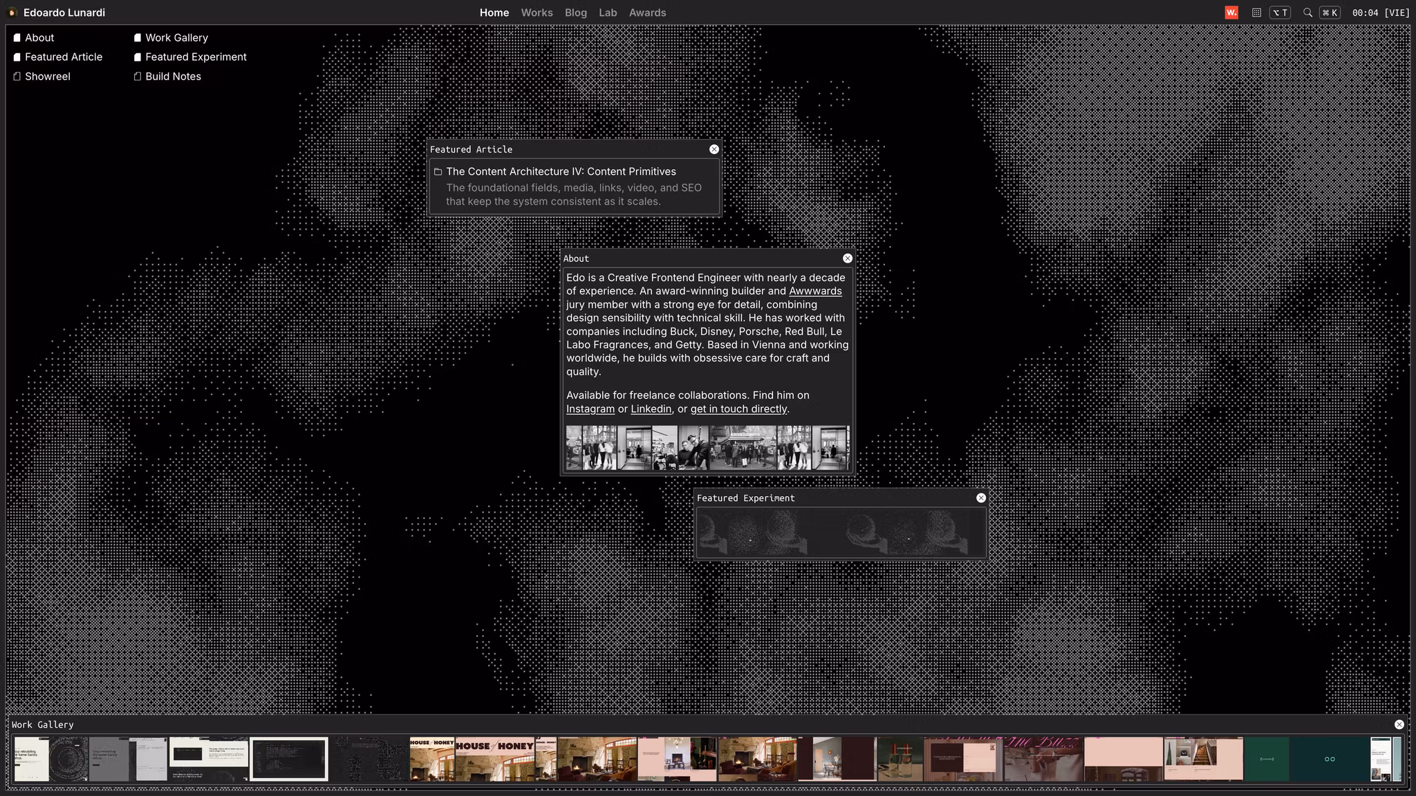 Portfolio website homepage for DomainHolder with featured article, about, and work gallery